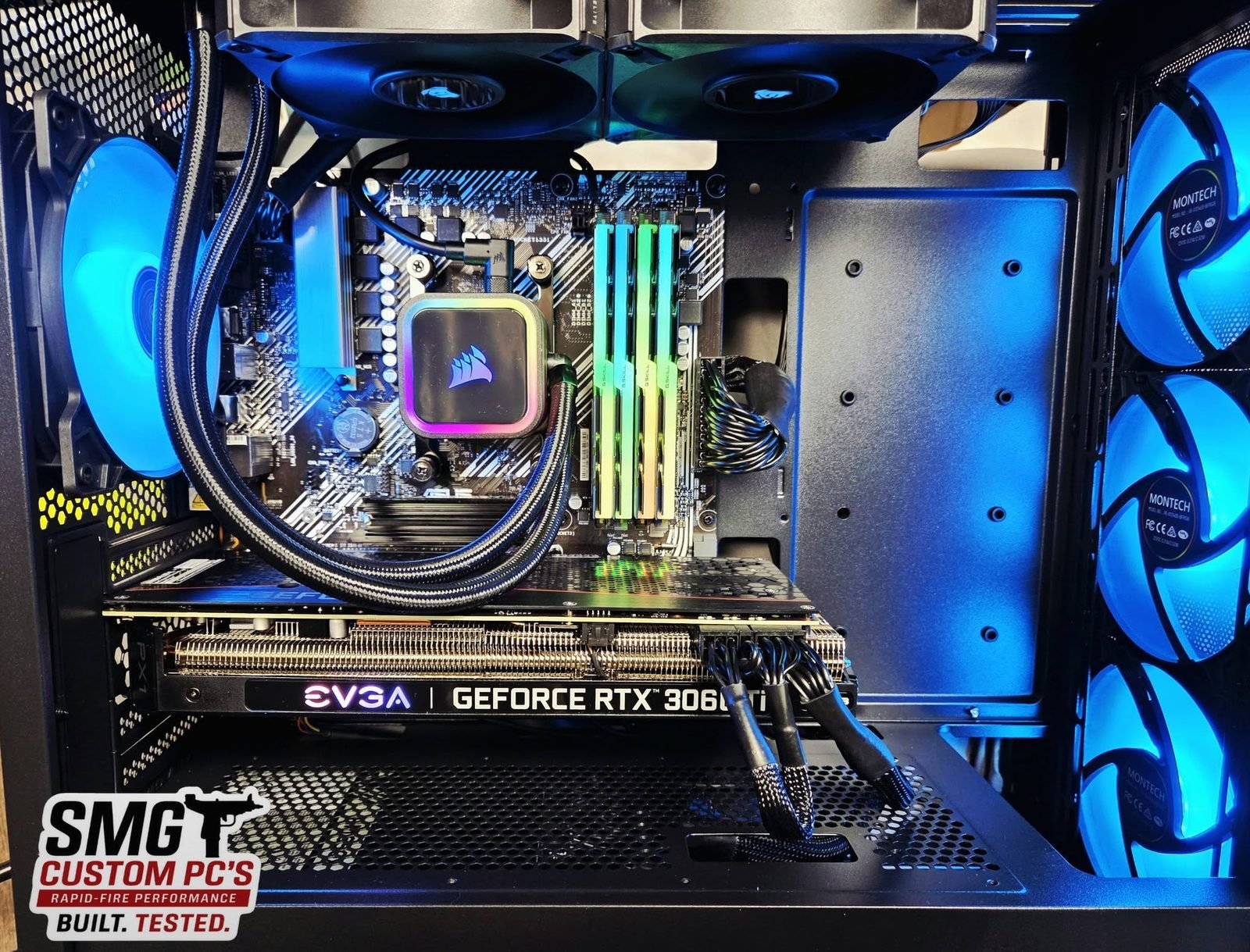 Custom PC build with blue RGB fans, Corsair AIO cooler and EVGA RTX 3060 Ti